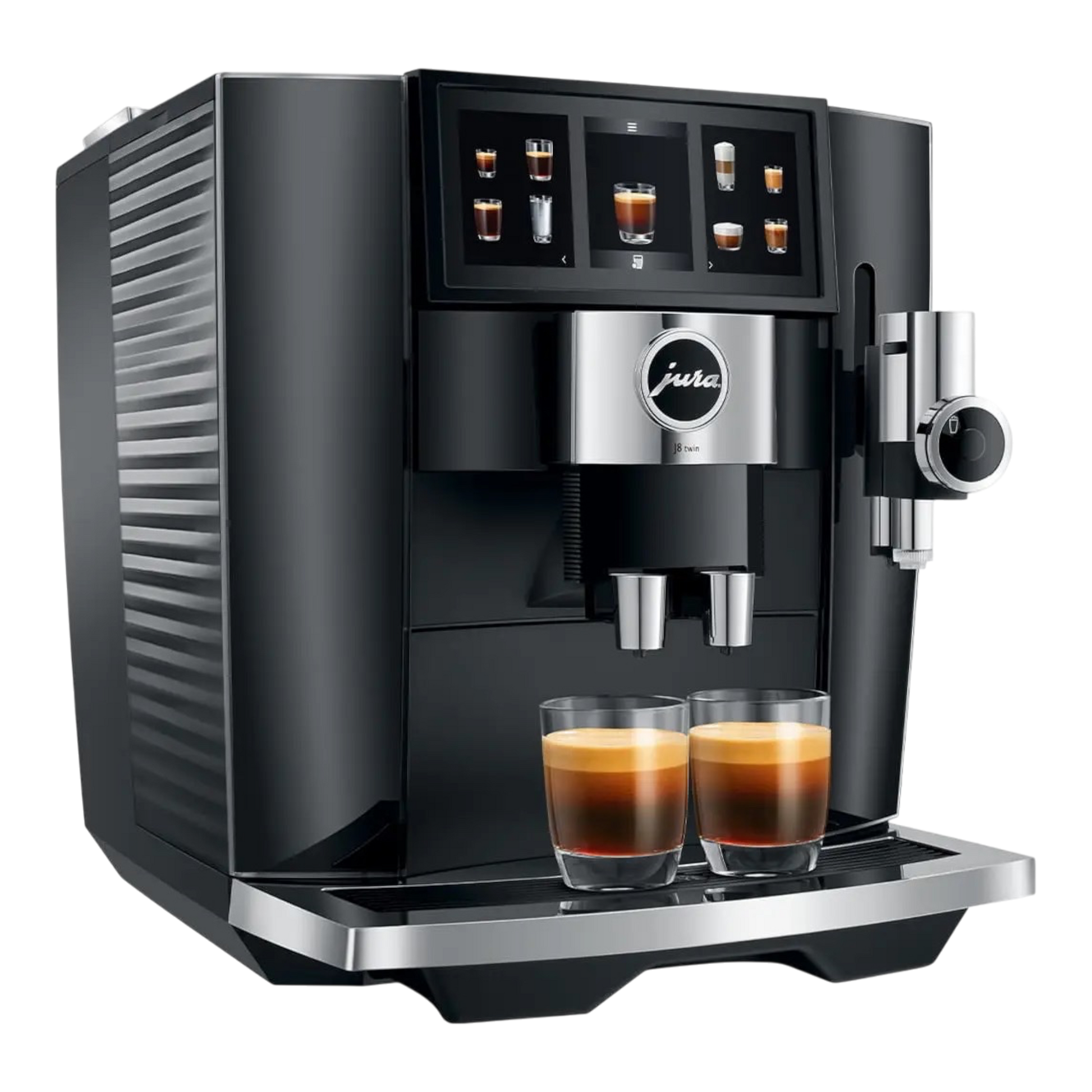 Kaffeekontor Bayern J8 twin coffee machine in Diamond Black with dual espresso cups and touchscreen display