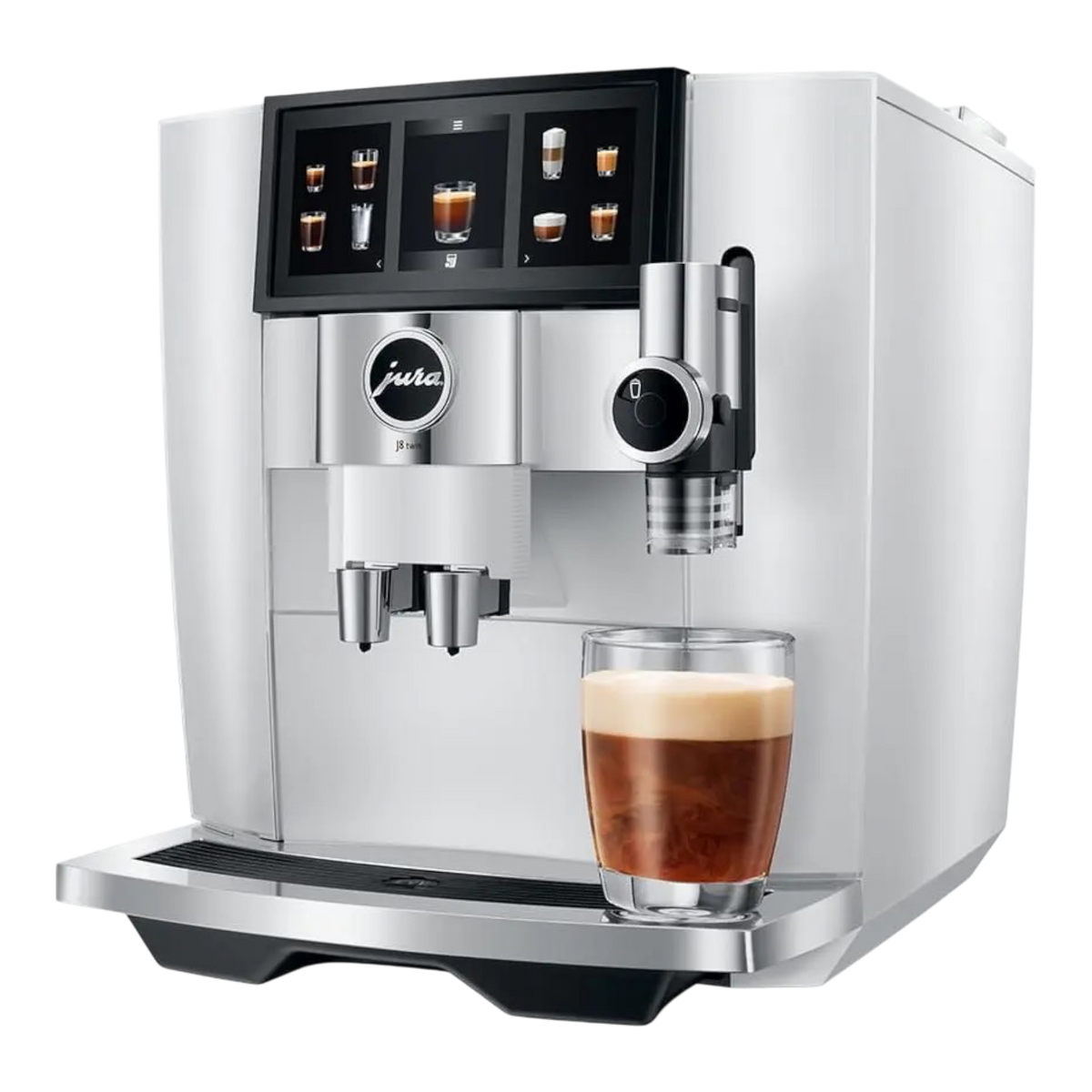 Kaffeekontor Bayern J8 twin Diamond White automatic coffee machine with touchscreen and glass of coffee