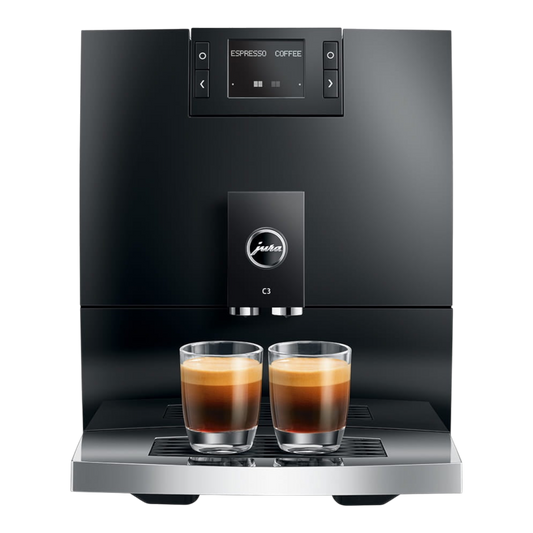 Kaffeekontor Bayern JURA C3 automatic coffee machine in black brewing two espressos in glass cups