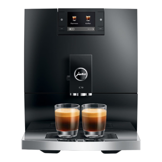 Kaffeekontor Bayern JURA C9 automatic coffee machine in black with two espresso glasses on the drip tray