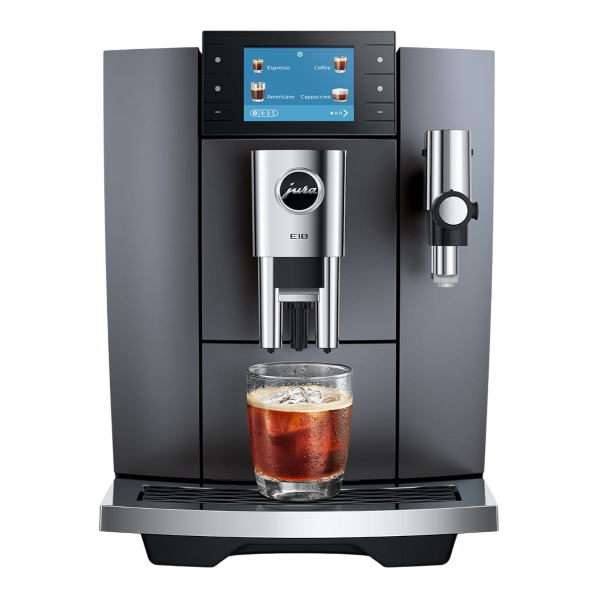 Kaffeekontor Bayern JURA E10 automatic coffee machine in black with a color display and glass of iced coffee