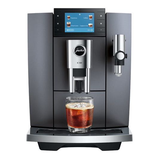 Kaffeekontor Bayern JURA E10 automatic coffee machine in black with a color display and glass of iced coffee