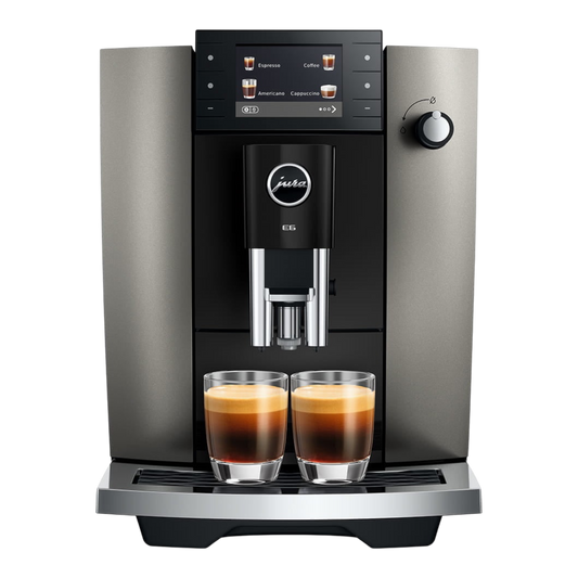 Kaffeekontor Bayern JURA E6 automatic coffee machine in dark grey with color display and two espresso glasses