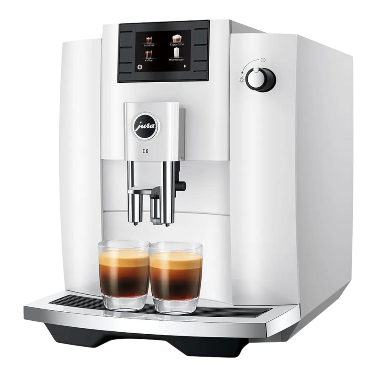 Kaffeekontor Bayern JURA E6 automatic coffee machine in piano white with a color display and two espresso glasses.