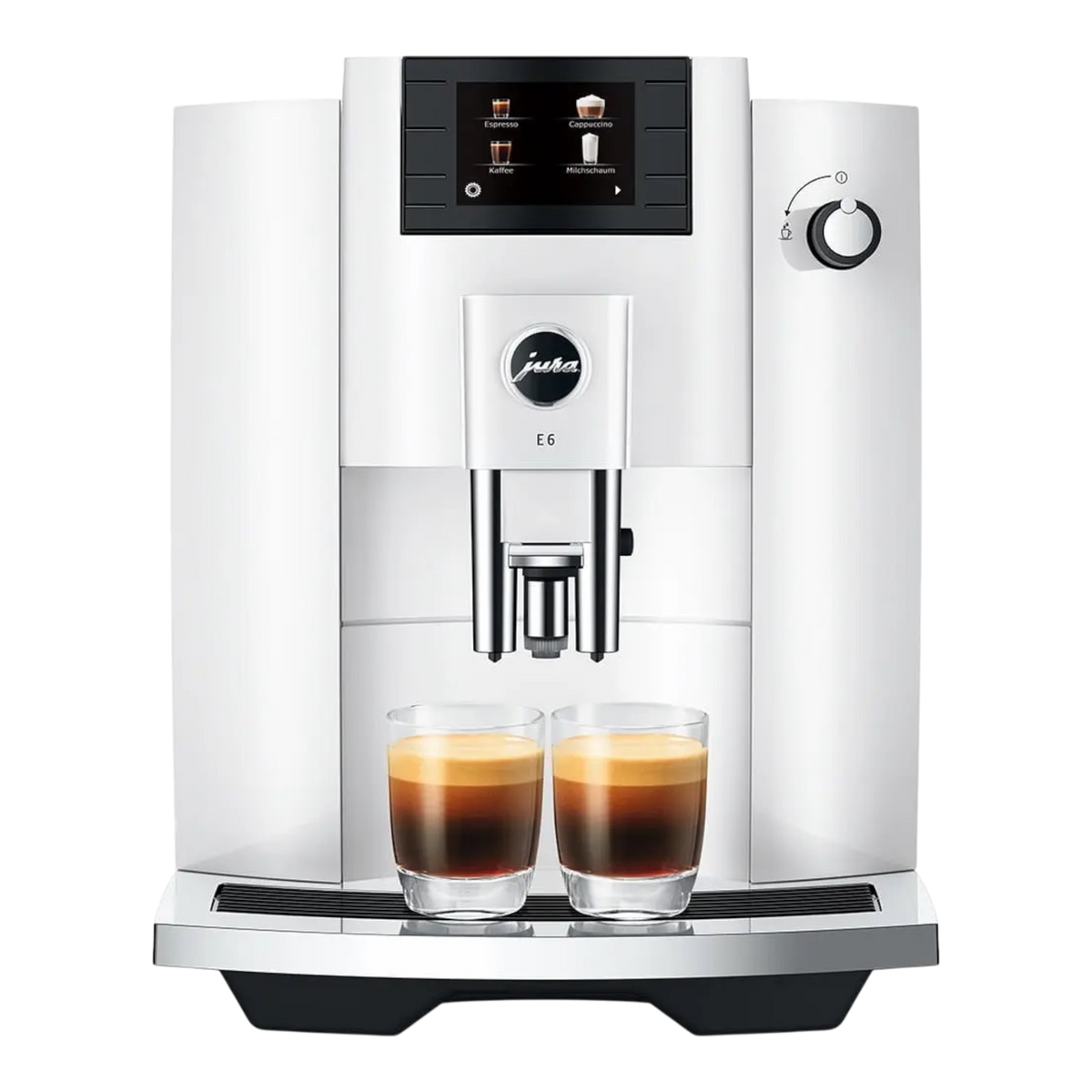 Kaffeekontor Bayern JURA E6 piano white automatic coffee machine with color display and two espresso glasses