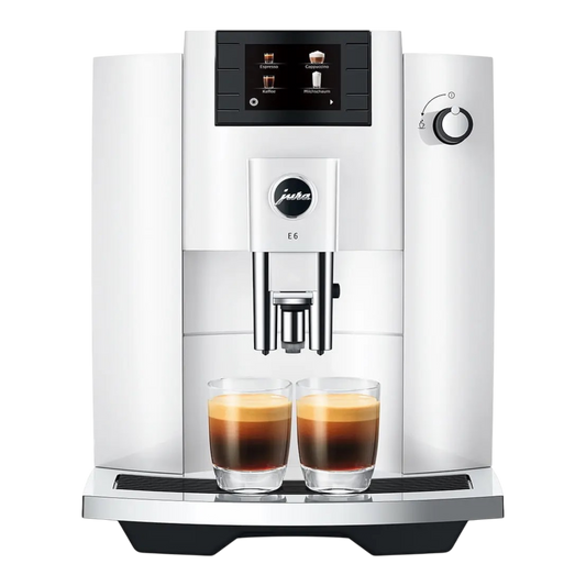 Kaffeekontor Bayern JURA E6 piano white automatic coffee machine with color display and two espresso glasses