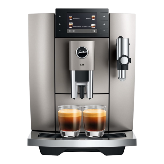 Kaffeekontor Bayern JURA E8 automatic coffee machine in silver with a color display and two espresso glasses