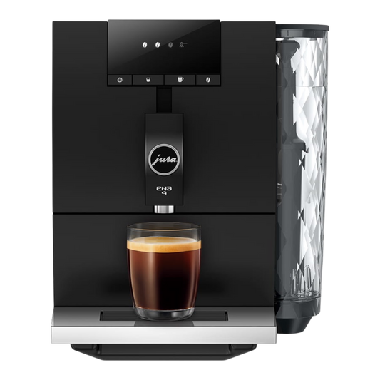 Kaffeekontor Bayern JURA ENA 4 compact black automatic coffee machine with a glass of espresso