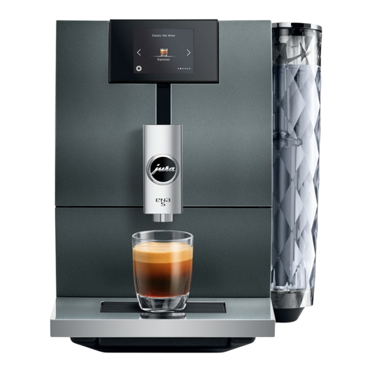 Kaffeekontor Bayern JURA ENA 5 compact automatic coffee machine in dark grey with a diamond-pattern water tank