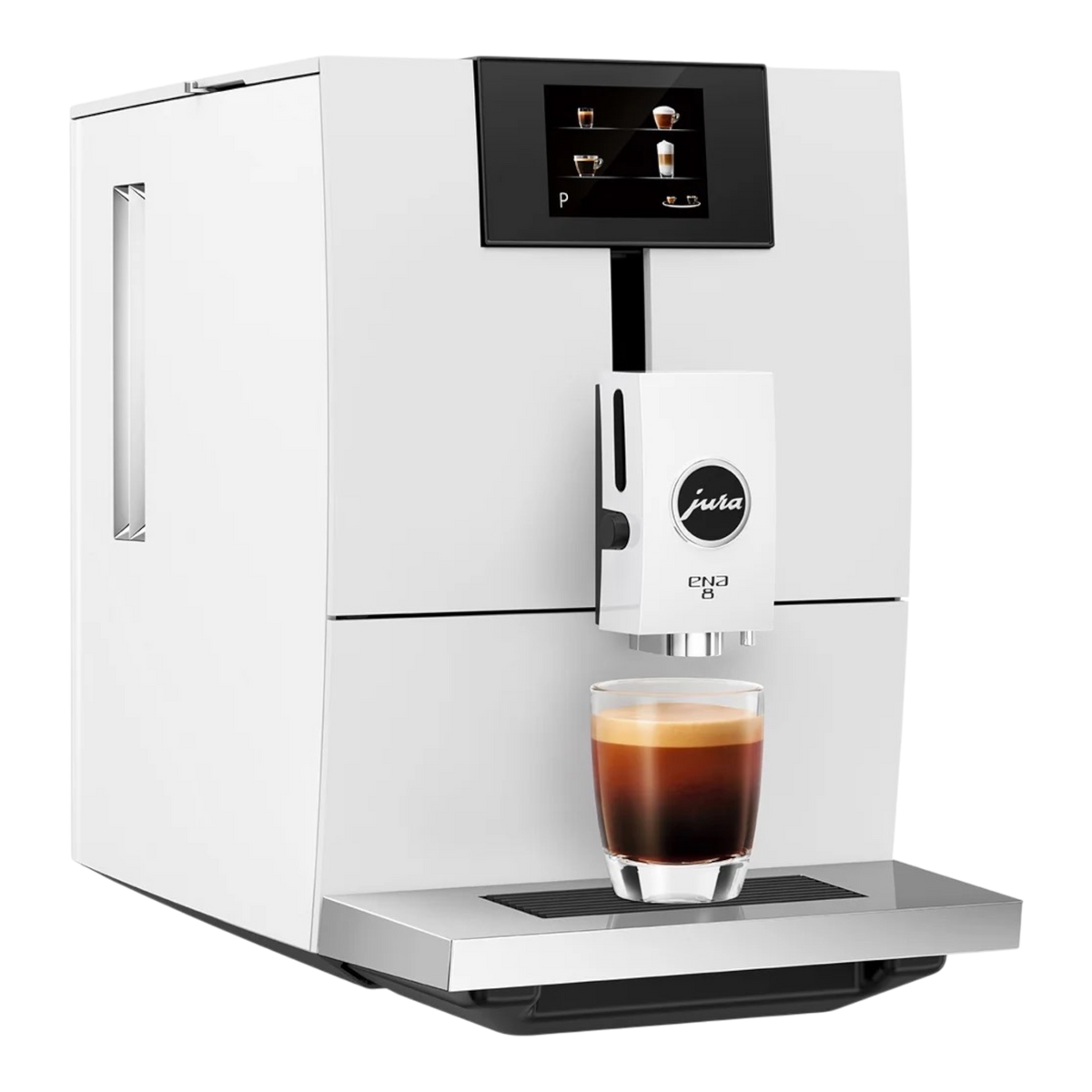 Kaffeekontor Bayern Jura ENA 8 automatic coffee machine in Nordic White with a glass of espresso