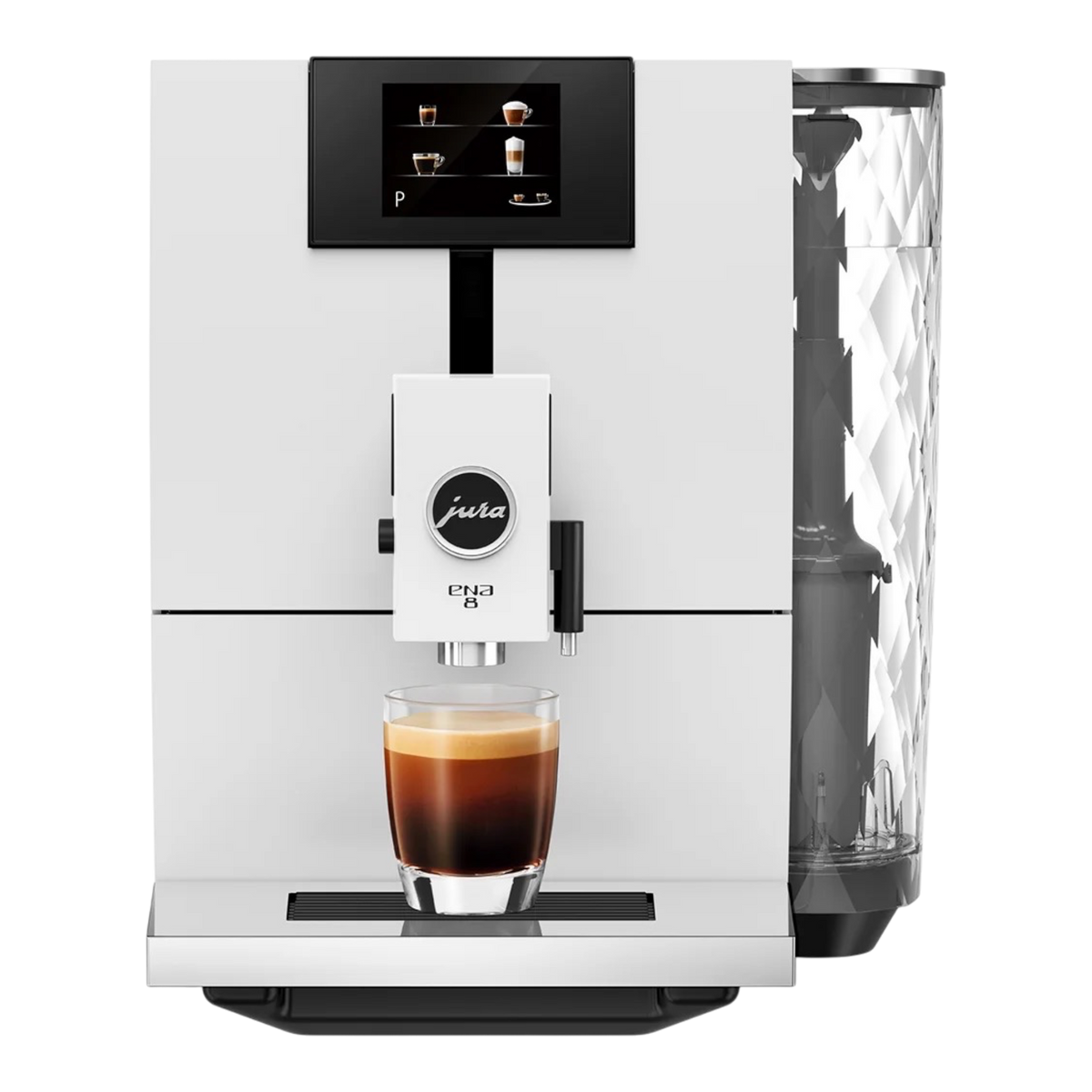 Kaffeekontor Bayern Jura ENA 8 automatic coffee machine in Nordic White with a glass of espresso
