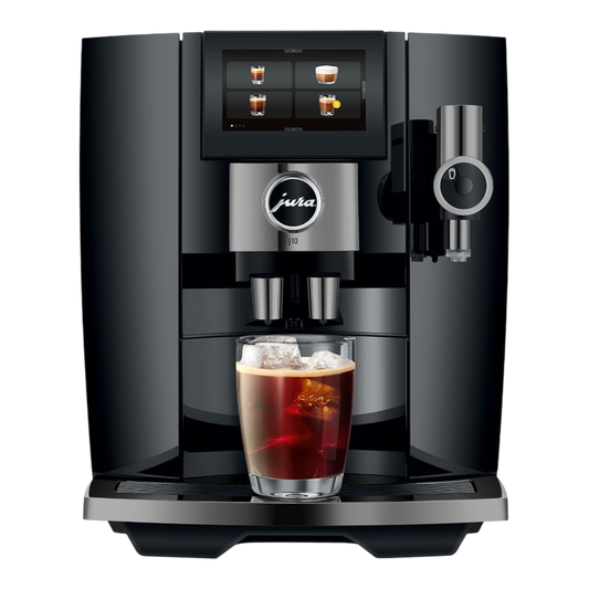 Kaffeekontor Bayern JURA J10 automatic coffee machine in black with touchscreen display and cold brew glass