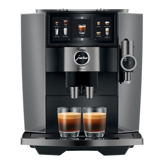 Kaffeekontor Bayern JURA J10 twin automatic coffee machine in dark grey with touchscreen and dual espresso glasses