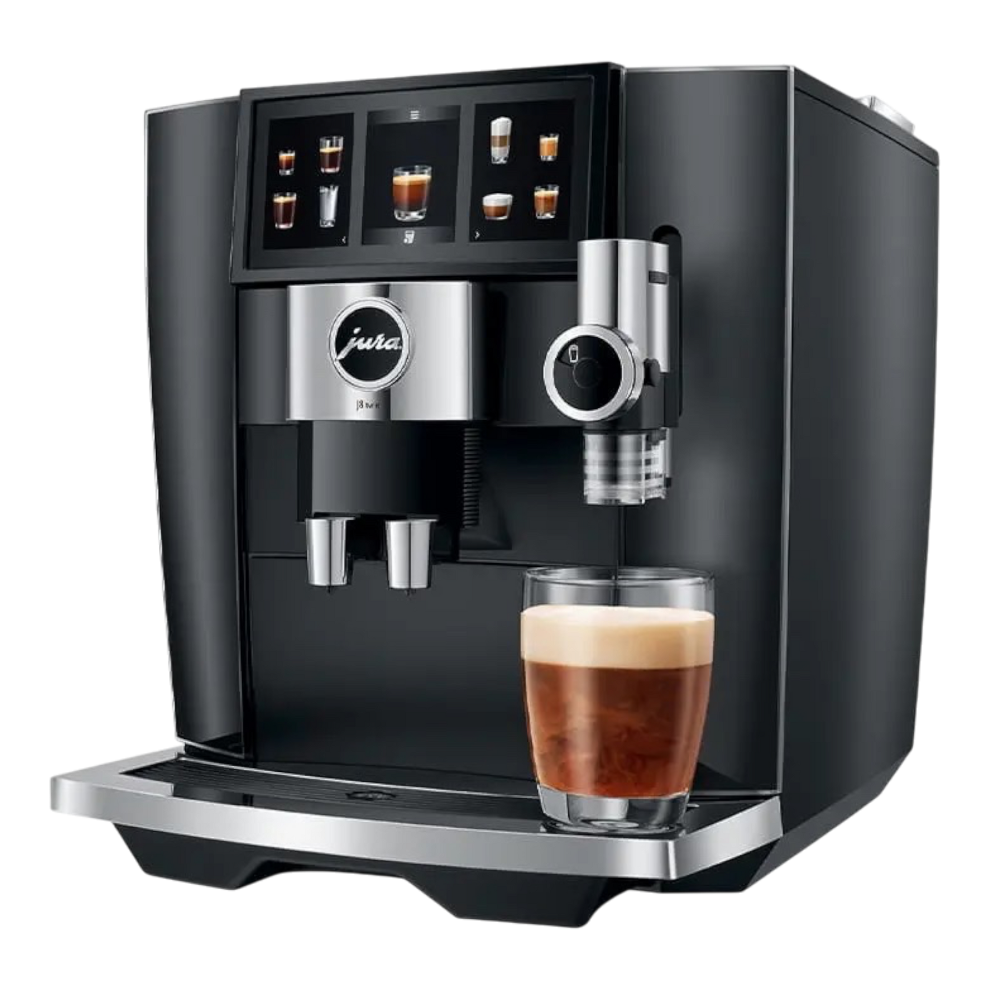 Kaffeekontor Bayern Jura J8 twin Diamond Black automatic coffee machine with touchscreen and glass of coffee