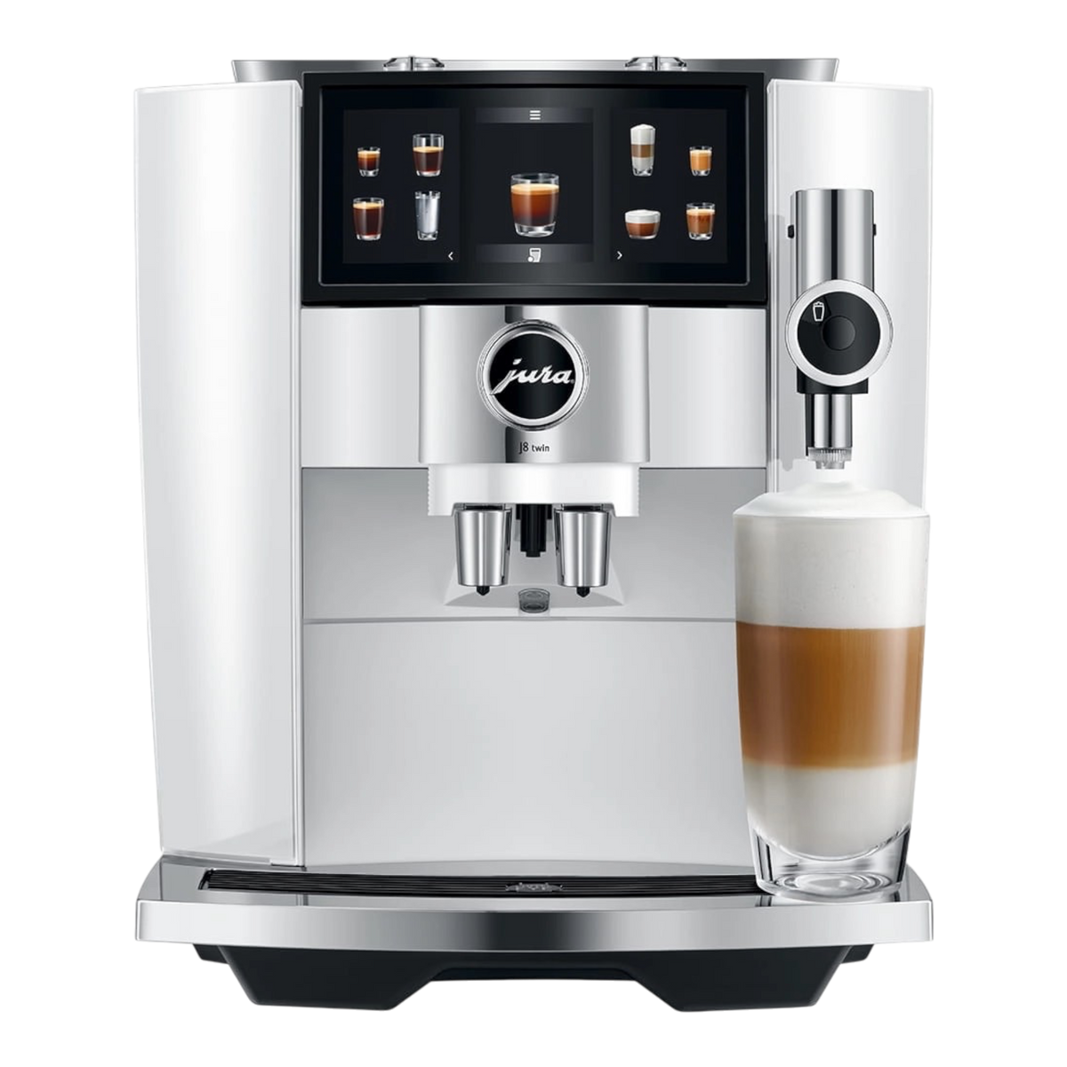 Kaffeekontor Bayern Jura J8 twin coffee machine in Diamond White with a touchscreen and latte glass
