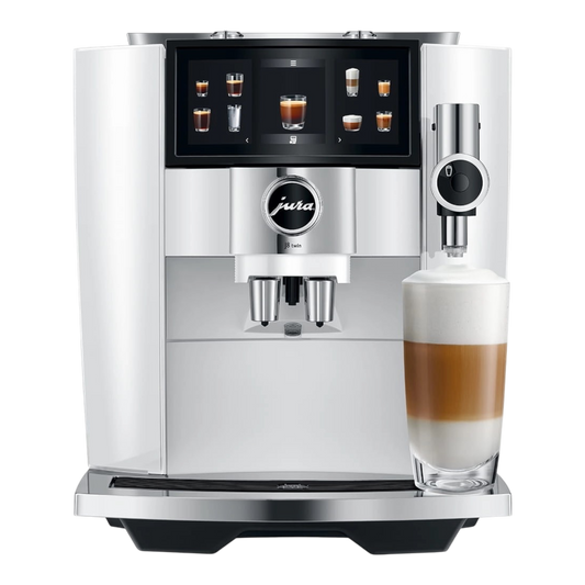 Kaffeekontor Bayern Jura J8 twin coffee machine in Diamond White with a touchscreen and latte glass
