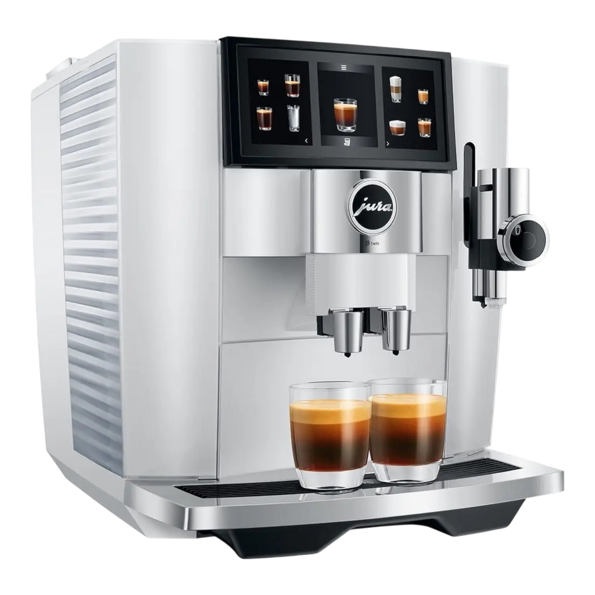 Kaffeekontor Bayern Jura J8 twin coffee machine in Diamond White with touchscreen display and two espresso cups