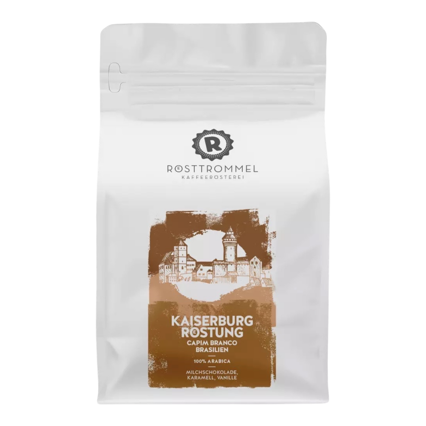 Kaffeekontor Bayern Kaiserburg Röstung Brasilien Filterkaffee in weißer Aromaschutzverpackung