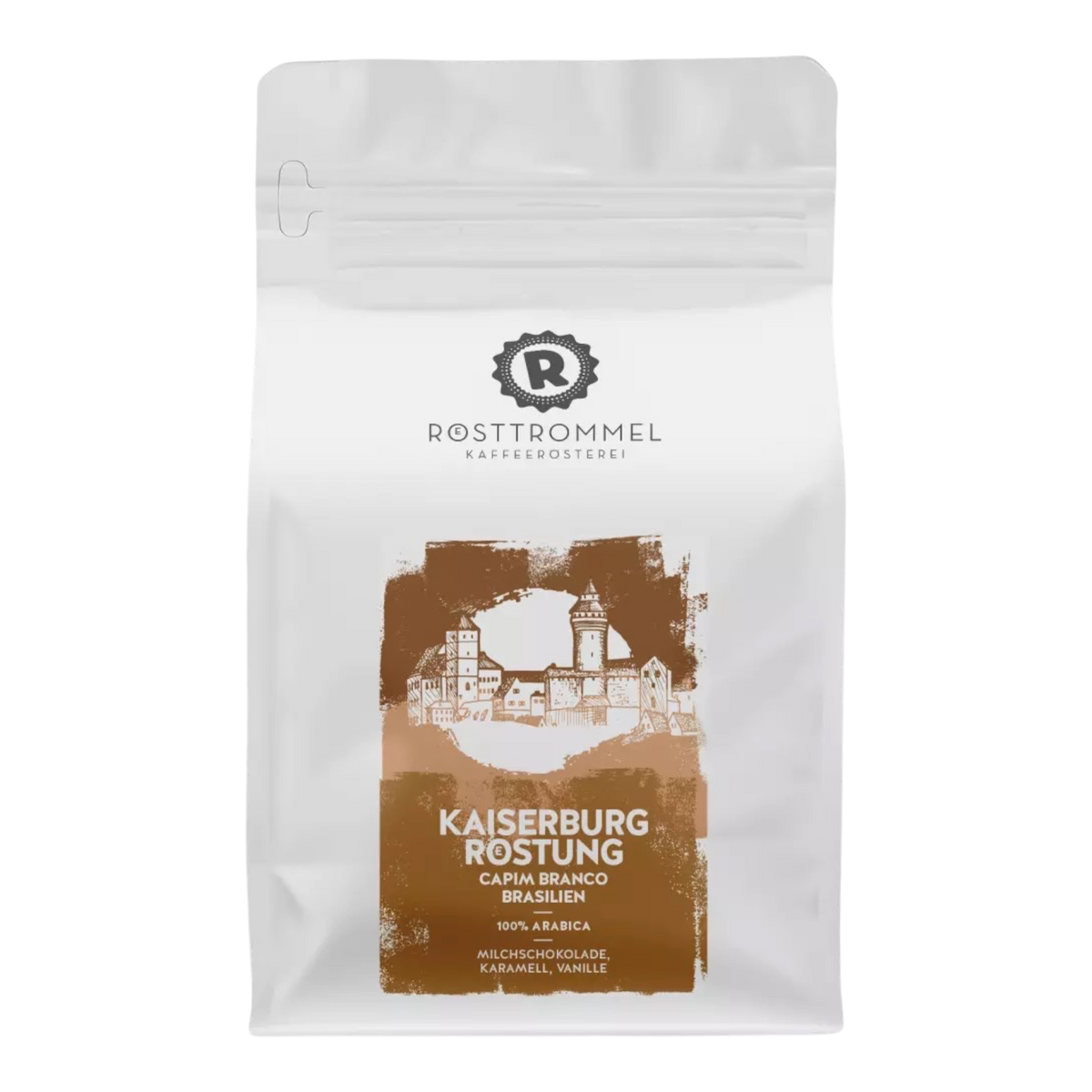 Kaffeekontor Bayern Kaiserburg Röstung Brasilien Filterkaffee in weißer Aromaschutzverpackung