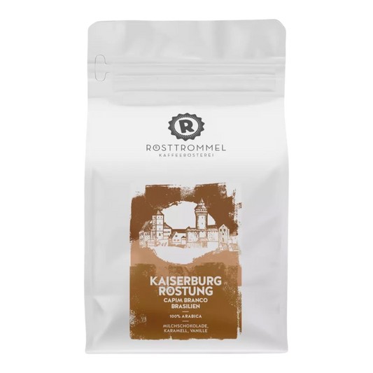 Kaffeekontor Bayern Kaiserburg Röstung Brasilien Filterkaffee in weißer Aromaschutzverpackung