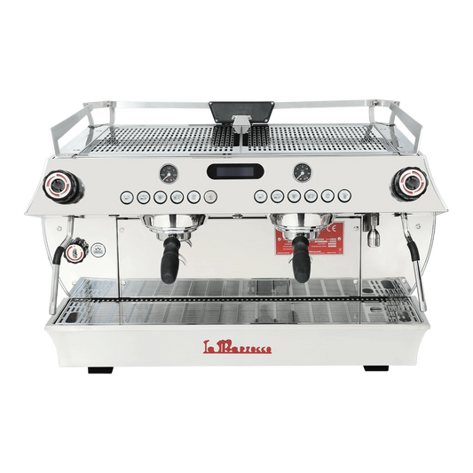 Kaffeekontor Bayern La Marzocco GB5 S Siebträgermaschine aus Edelstahl mit zwei Brühgruppen und digitalem Display