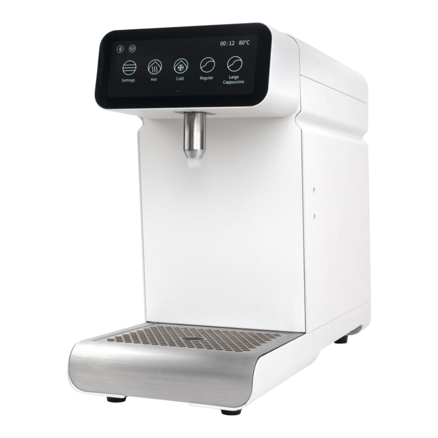 Kaffeekontor Bayern Milkpal Milchaufschäumer in Weiß mit Touchscreen-Display und Edelstahl-Abtropfschale