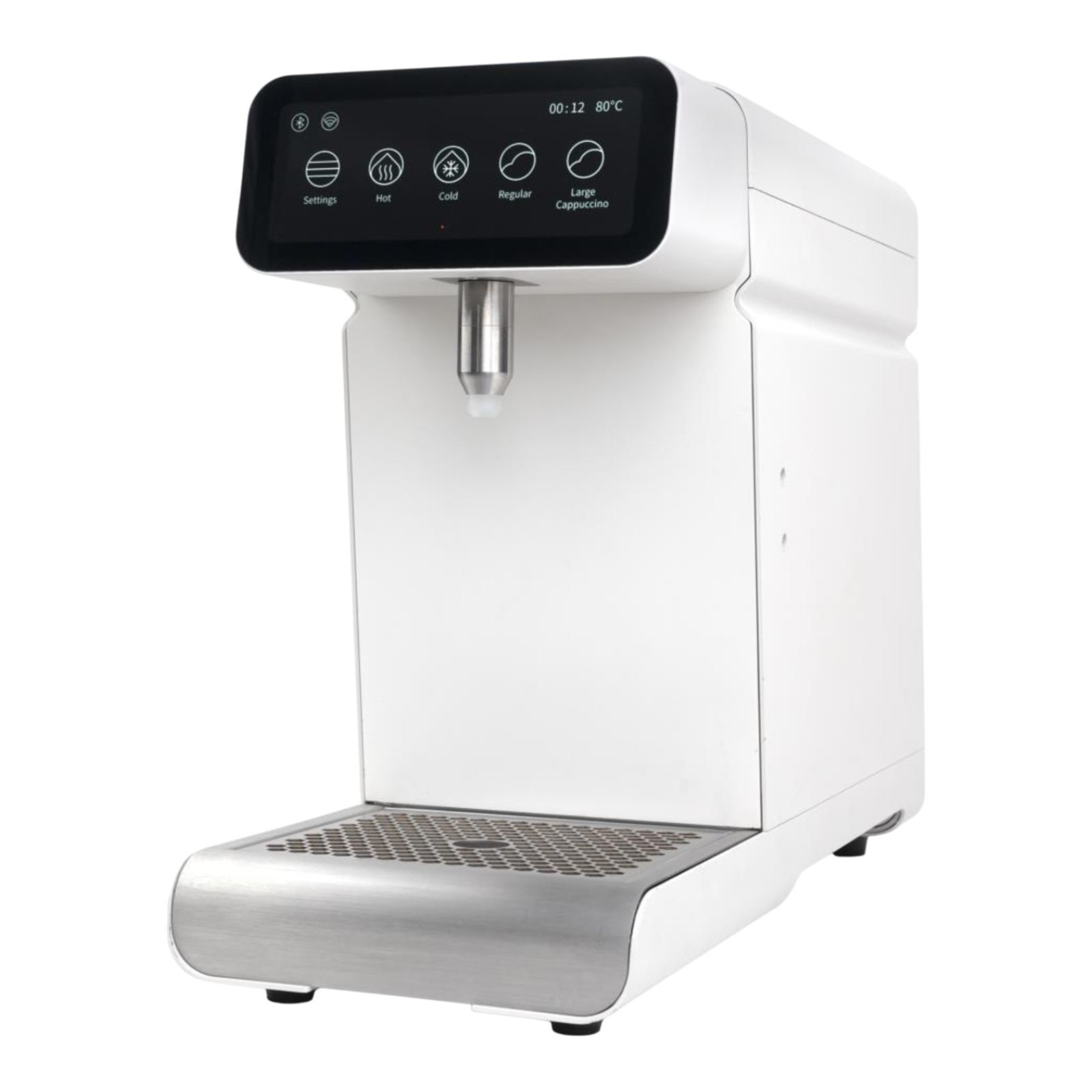 Kaffeekontor Bayern Milkpal Milchaufschäumer in Weiß mit Touchscreen-Display und Edelstahl-Abtropfschale