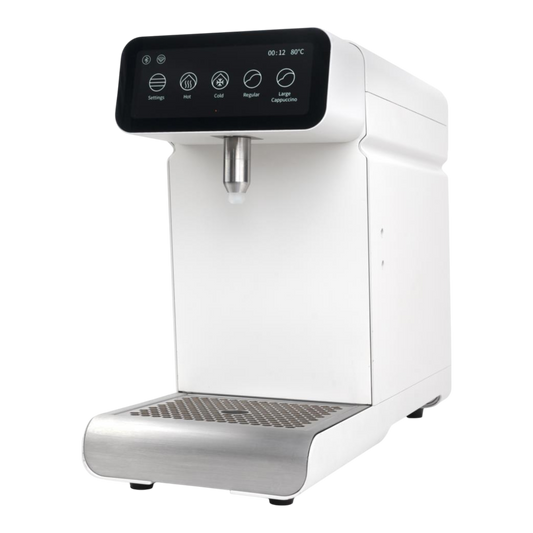 Kaffeekontor Bayern Milkpal Milchaufschäumer in Weiß mit Touchscreen-Display und Edelstahl-Abtropfschale