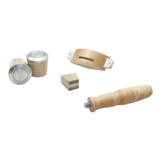 Kaffeekontor Bayern oak and stainless steel accessory set for La Marzocco Linea Micra espresso machine