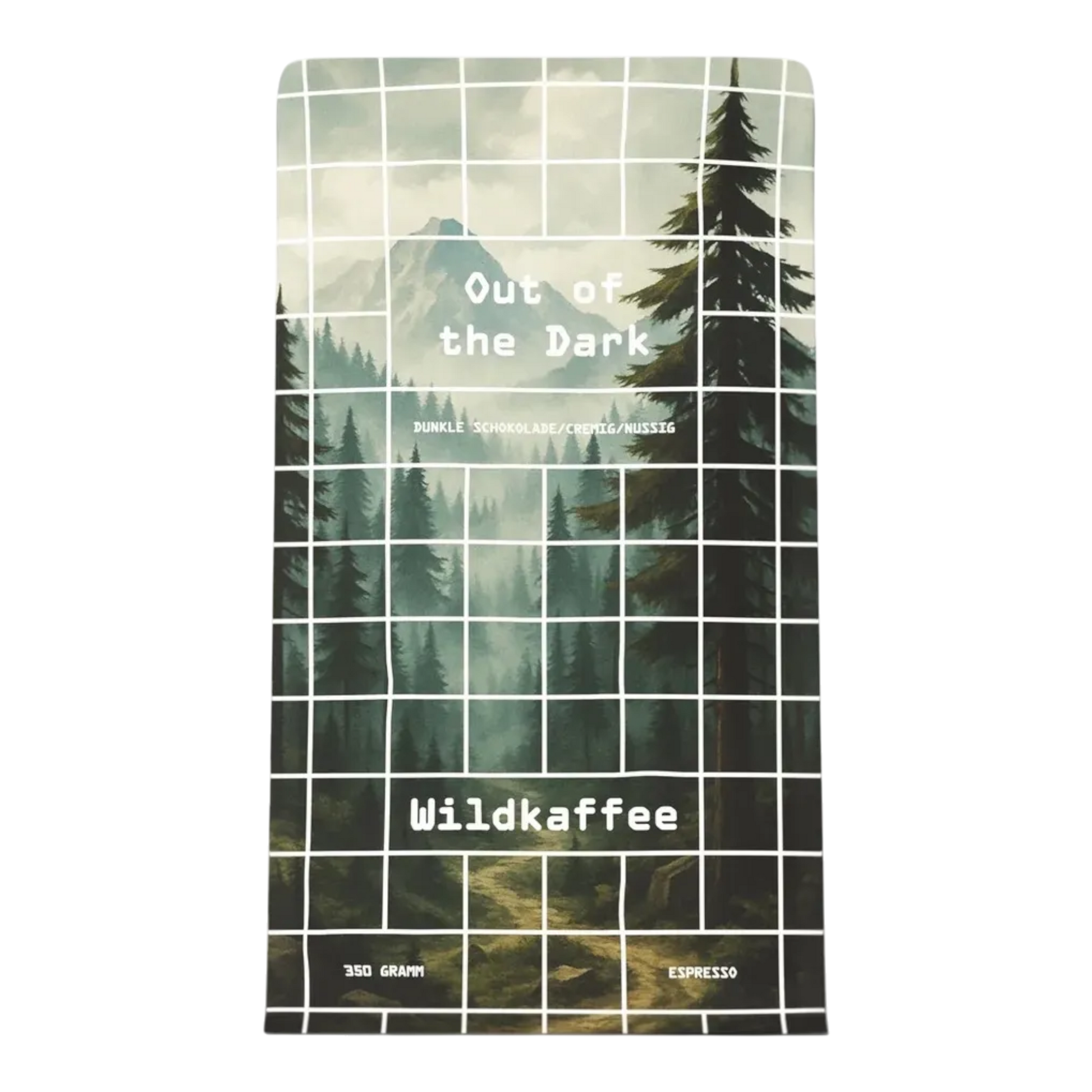 Kaffeekontor Bayern Out of the Dark Espresso Packung mit Waldmotiv und Gitterdesign