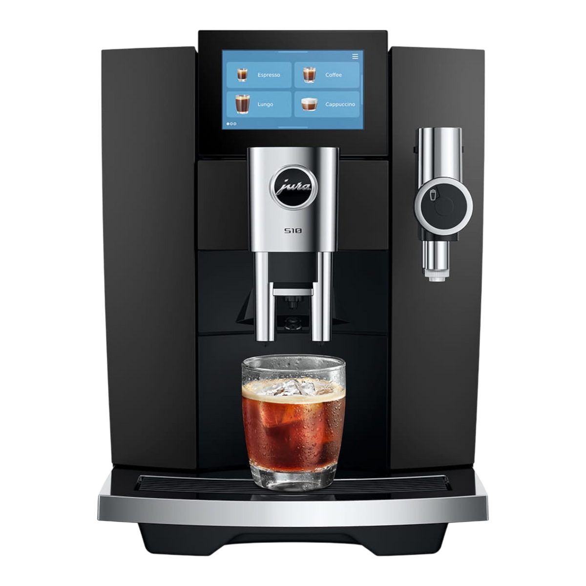 Kaffeekontor Bayern S10 automatic coffee machine in black with a touchscreen display and a glass of cold brew coffee.