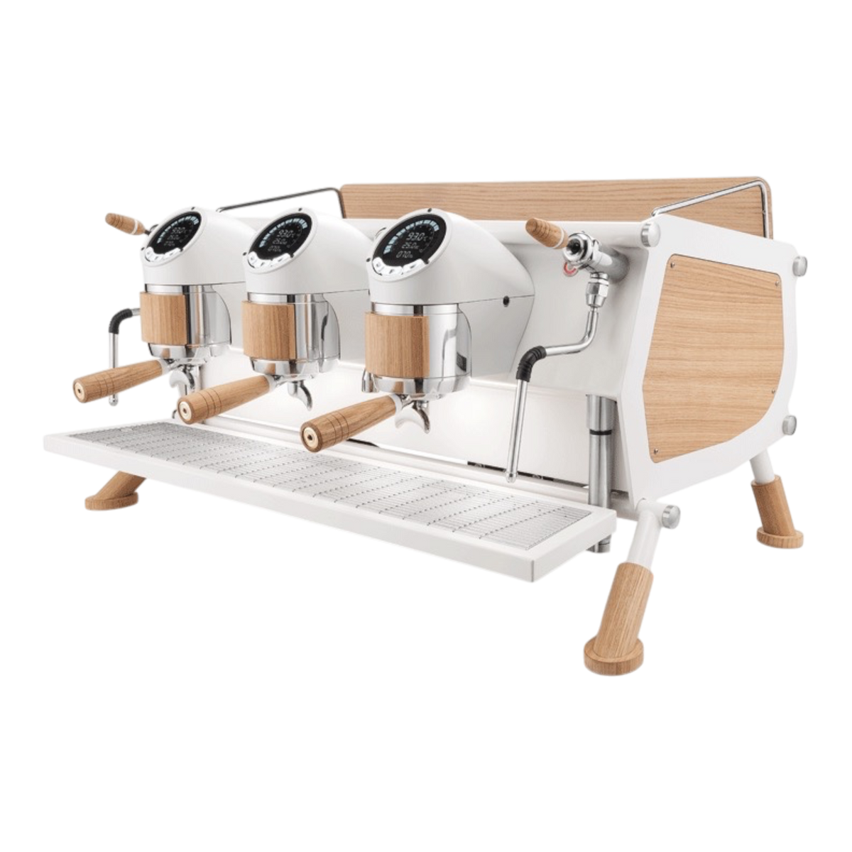 Kaffeekontor Bayern Sanremo Café Racer Espressomaschine in Weiß mit Holz-Akzenten und drei Brühgruppen