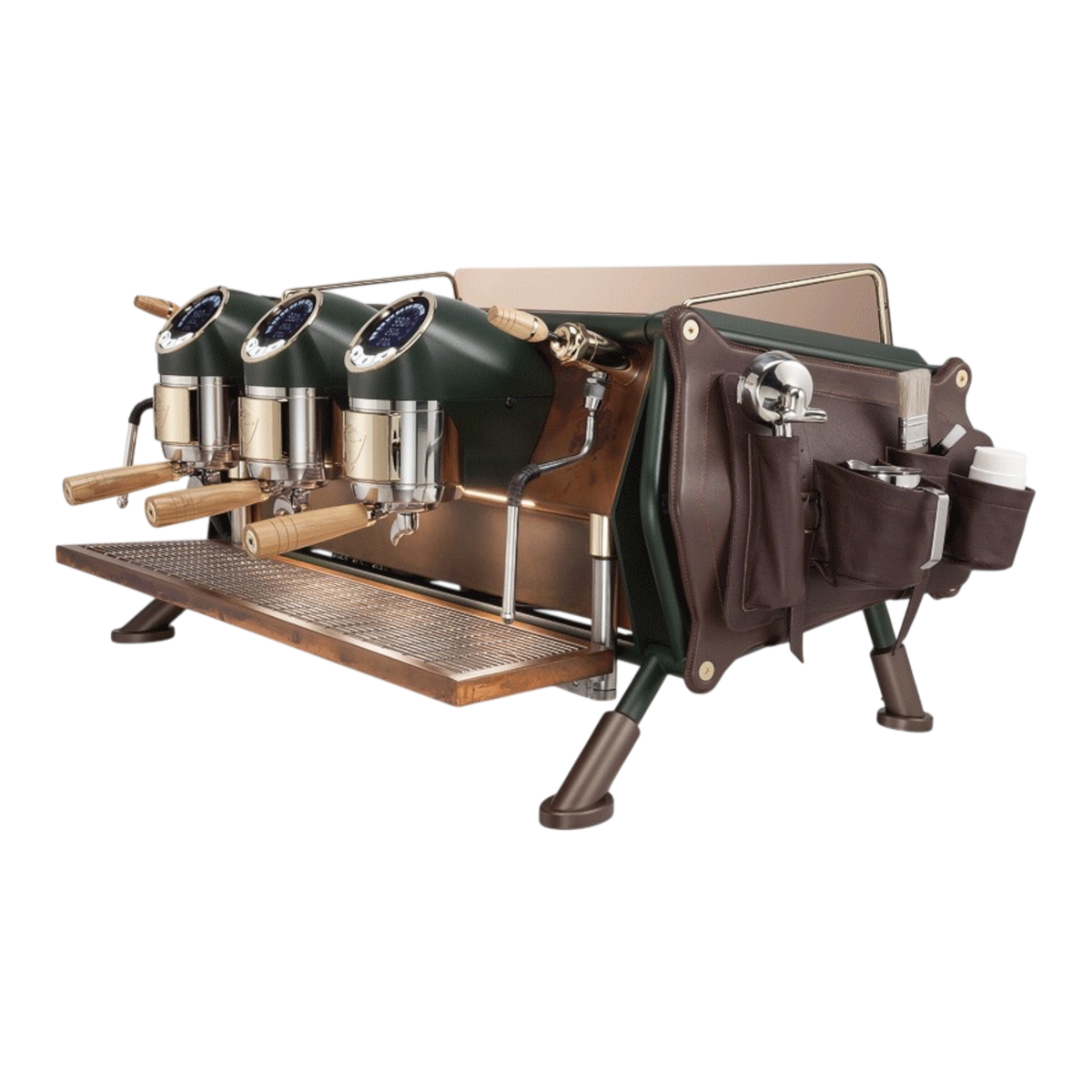 Kaffeekontor Bayern Sanremo Café Racer Espressomaschine mit drei Gruppen, dunkelgrünem Gehäuse und Lederdetails