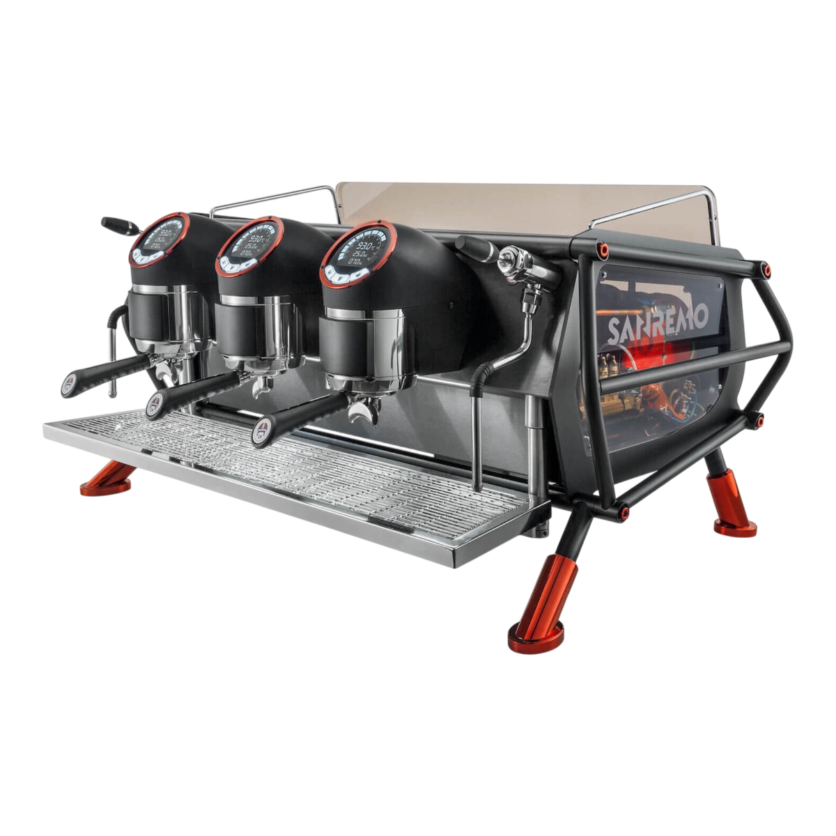 Kaffeekontor Bayern Sanremo Café Racer 3-Gruppen Espressomaschine mit Multiboiler-System und PID-Steuerung in Schwarz