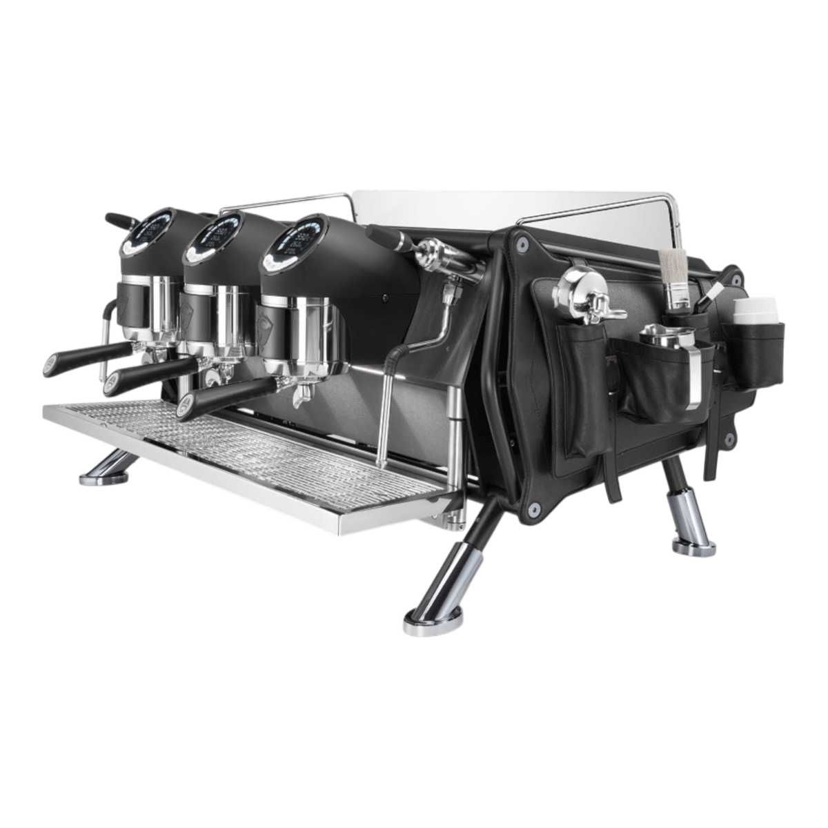 Kaffeekontor Bayern Sanremo Café Racer 3-Gruppen Siebträgermaschine in Schwarz mit Leder-Seitenverkleidung