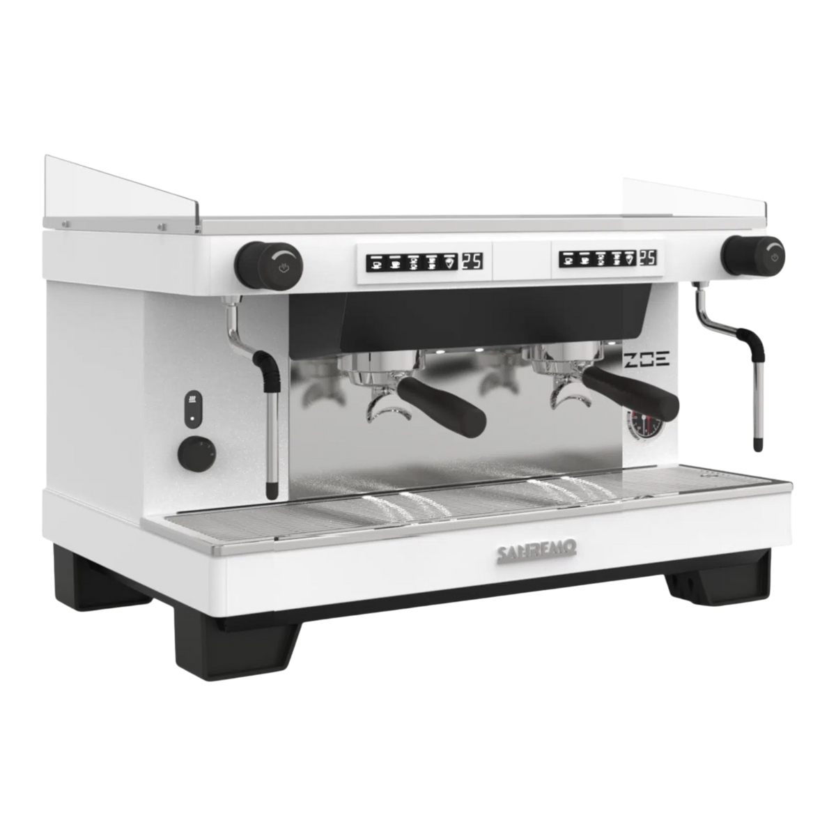Kaffeekontor Bayern Sanremo ZOE 2026 Espressomaschine in Weiß mit zwei Brühgruppen und Edelstahl-Details