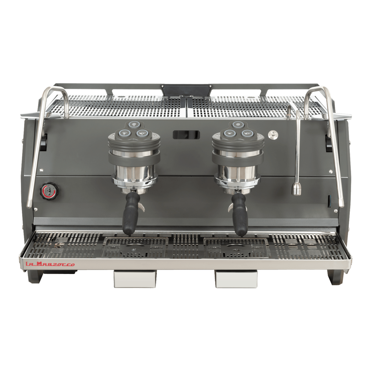 Kaffeekontor Bayern La Marzocco Strada S Siebträgermaschine mit zwei Gruppen, grauem Gehäuse und Edelstahl-Details.