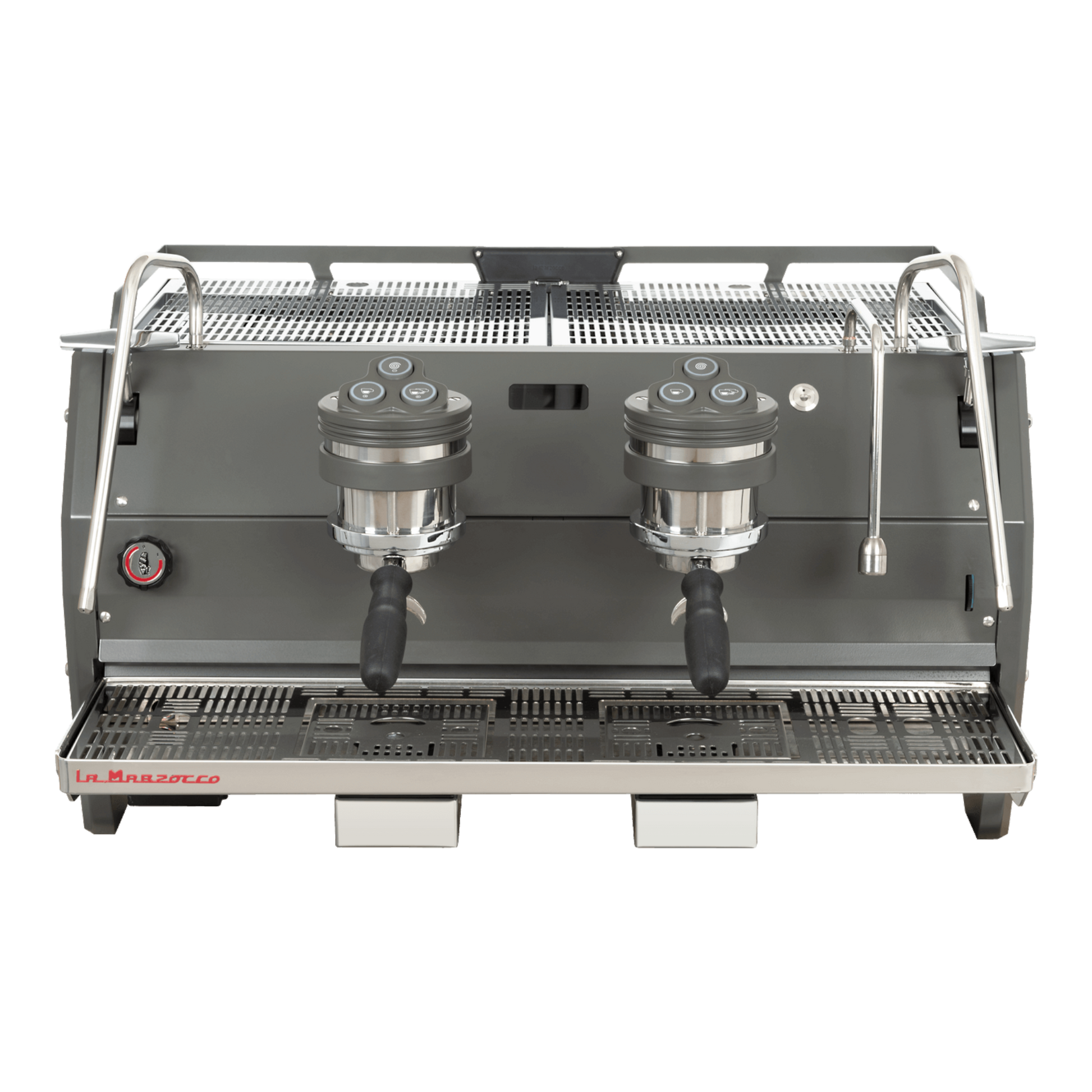 Kaffeekontor Bayern La Marzocco Strada S Siebträgermaschine mit zwei Gruppen, grauem Gehäuse und Edelstahl-Details.