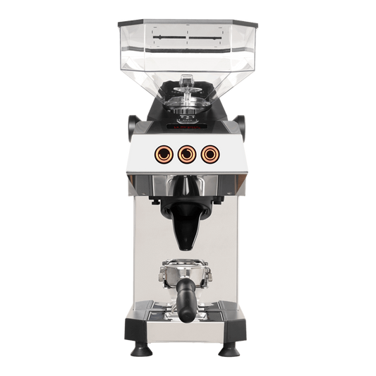 Kaffeekontor Bayern Swan Espressomühle mit 83-mm-Konusmahlwerk und Dose-by-Revolution-System in Edelstahl
