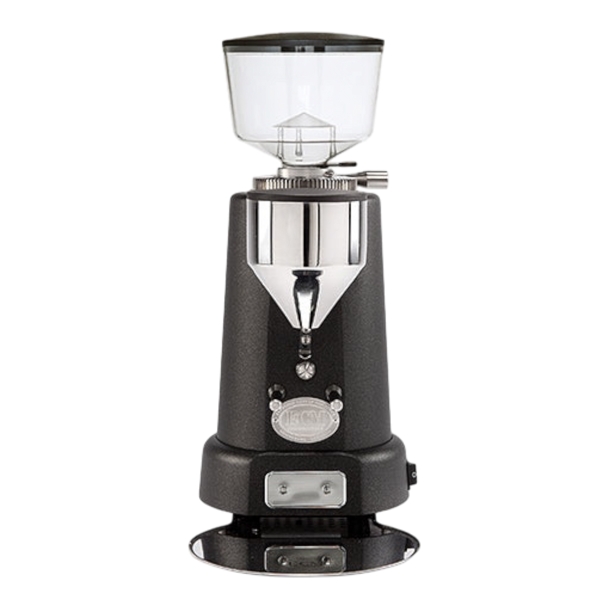 Kaffeekontor Bayern ECM V-Titan 64 espresso grinder in black with stainless steel accents and clear bean hopper