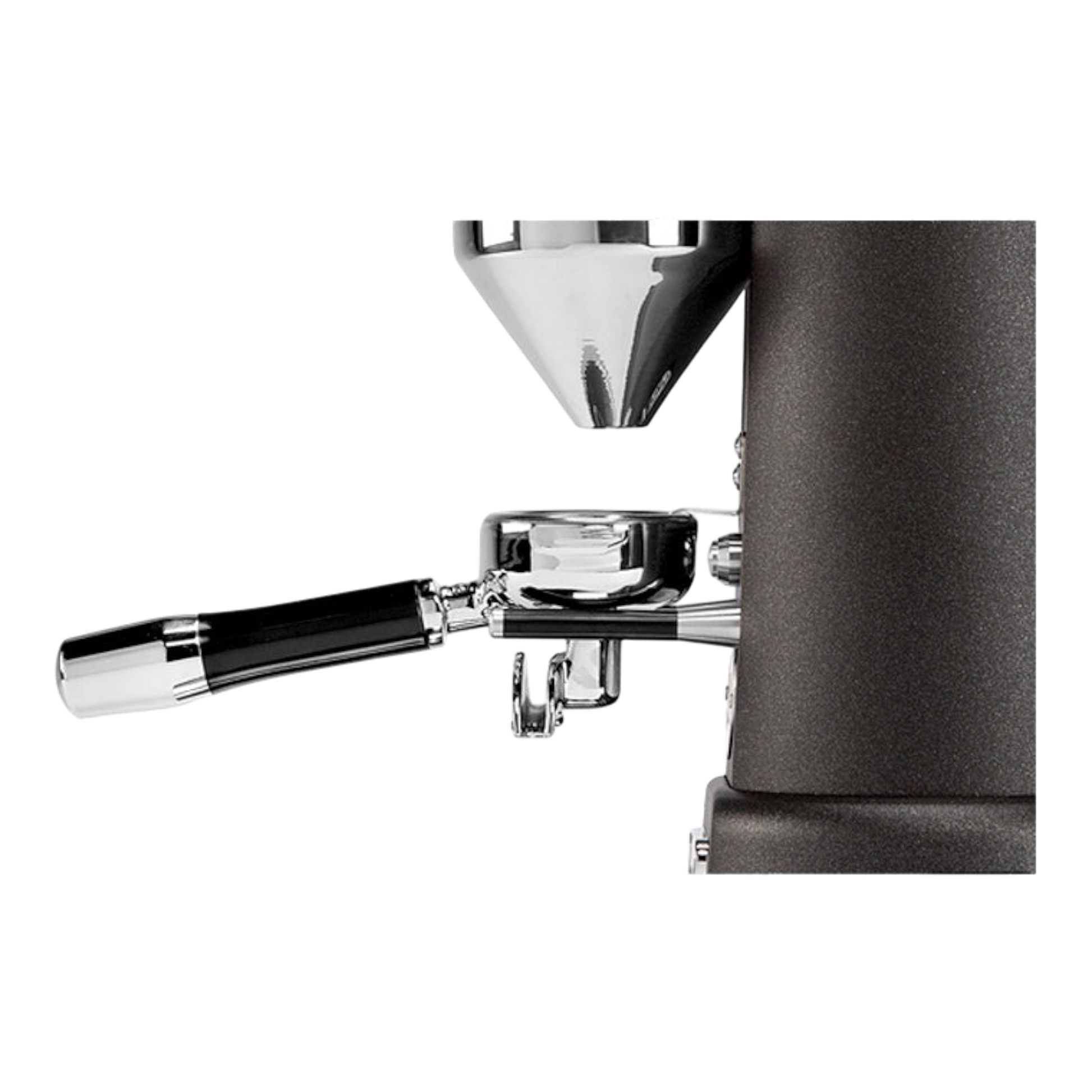 Kaffeekontor Bayern V-Titan 64 espresso grinder with portafilter inserted in the adjustable holder
