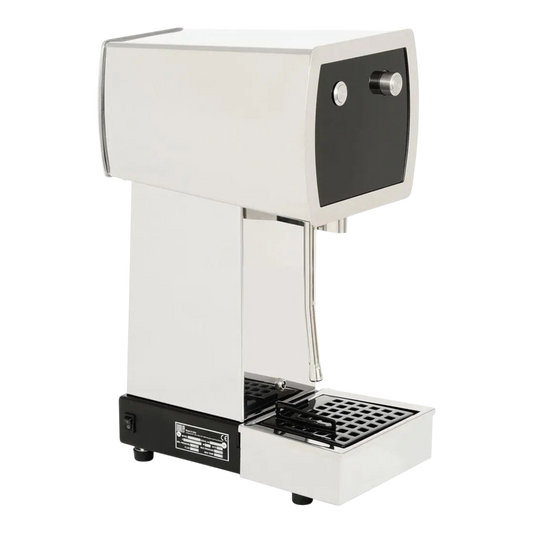 Kaffeekontor Bayern Wally Espressomaschine aus poliertem Edelstahl mit schwarzer Front und Dampflanze