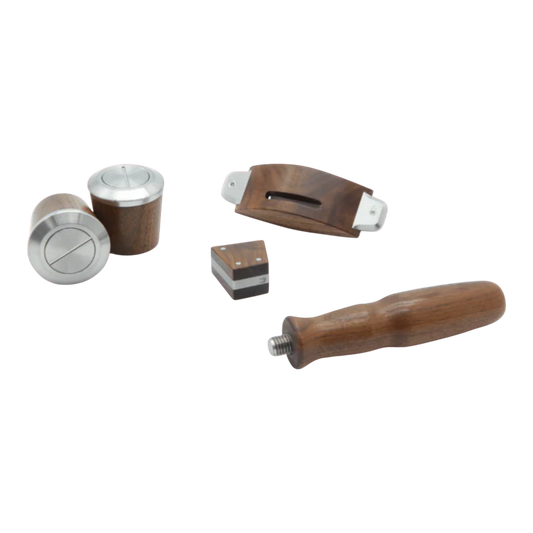 Kaffeekontor Bayern walnut wood and stainless steel accessory set for La Marzocco Linea Micra espresso machine