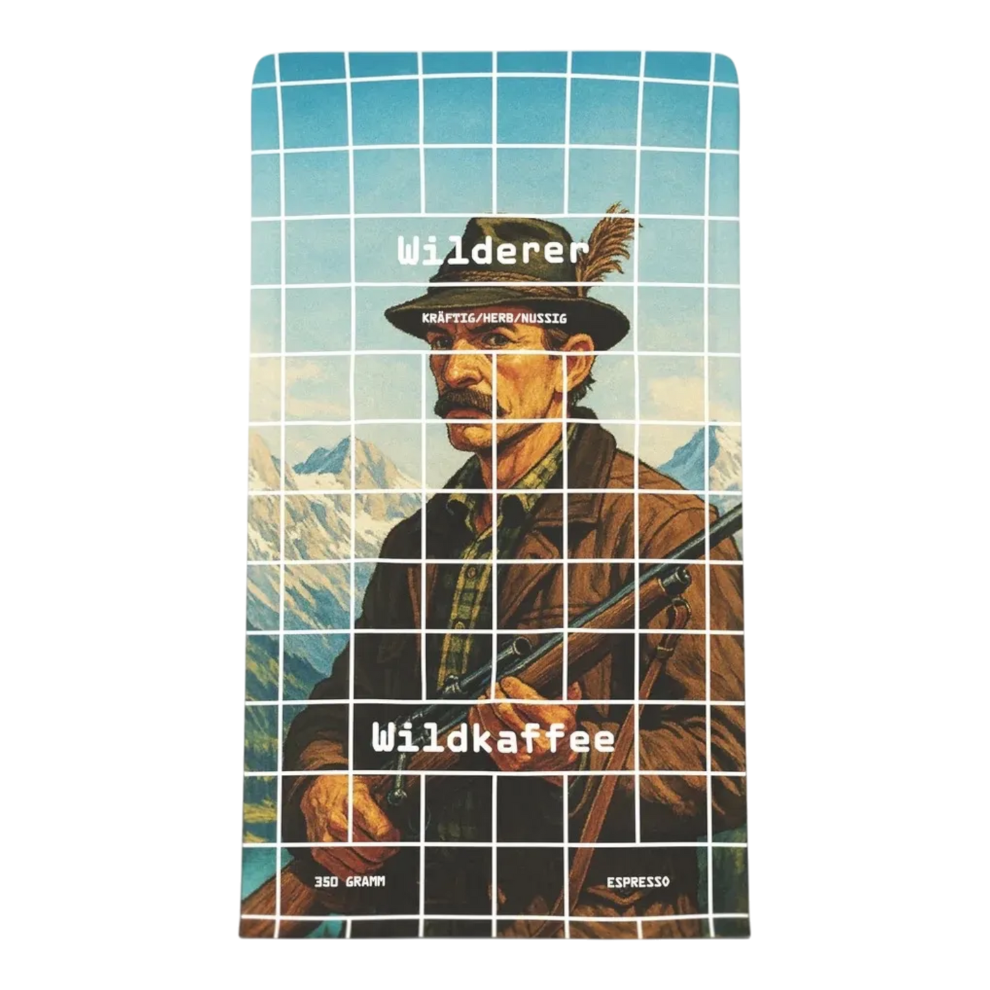 Kaffeekontor Bayern Wilderer Espresso Kaffeeverpackung mit Jäger-Illustration und Gittermuster