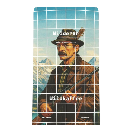 Kaffeekontor Bayern Wilderer Espresso Kaffeeverpackung mit Jäger-Illustration und Gittermuster