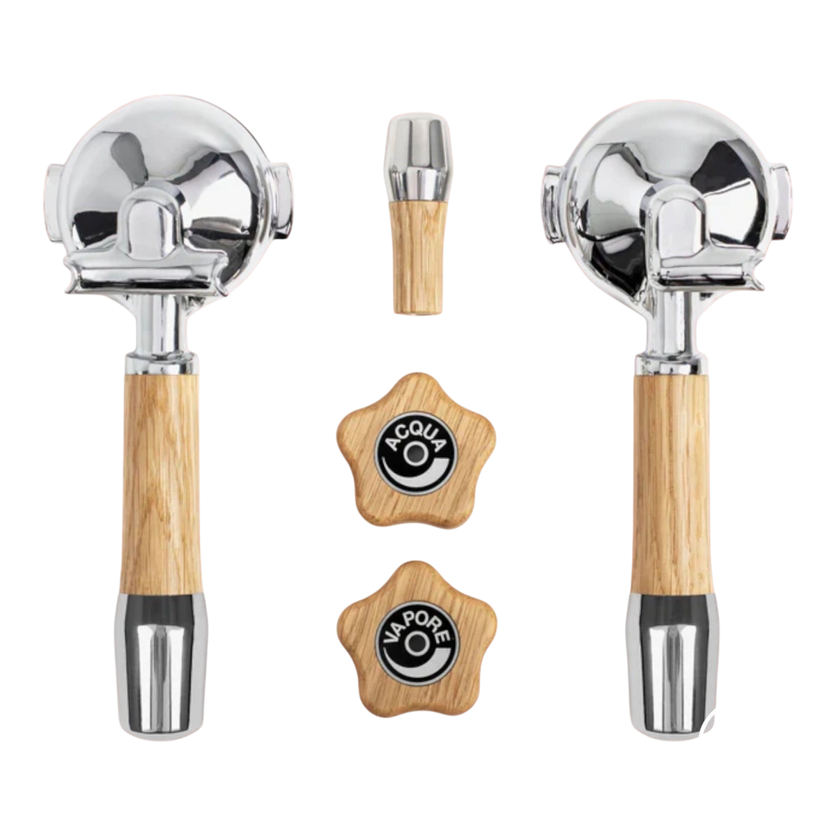Kaffeekontor Bayern wooden portafilter set with star-shaped knobs for ECM espresso machines in light wood and chrome