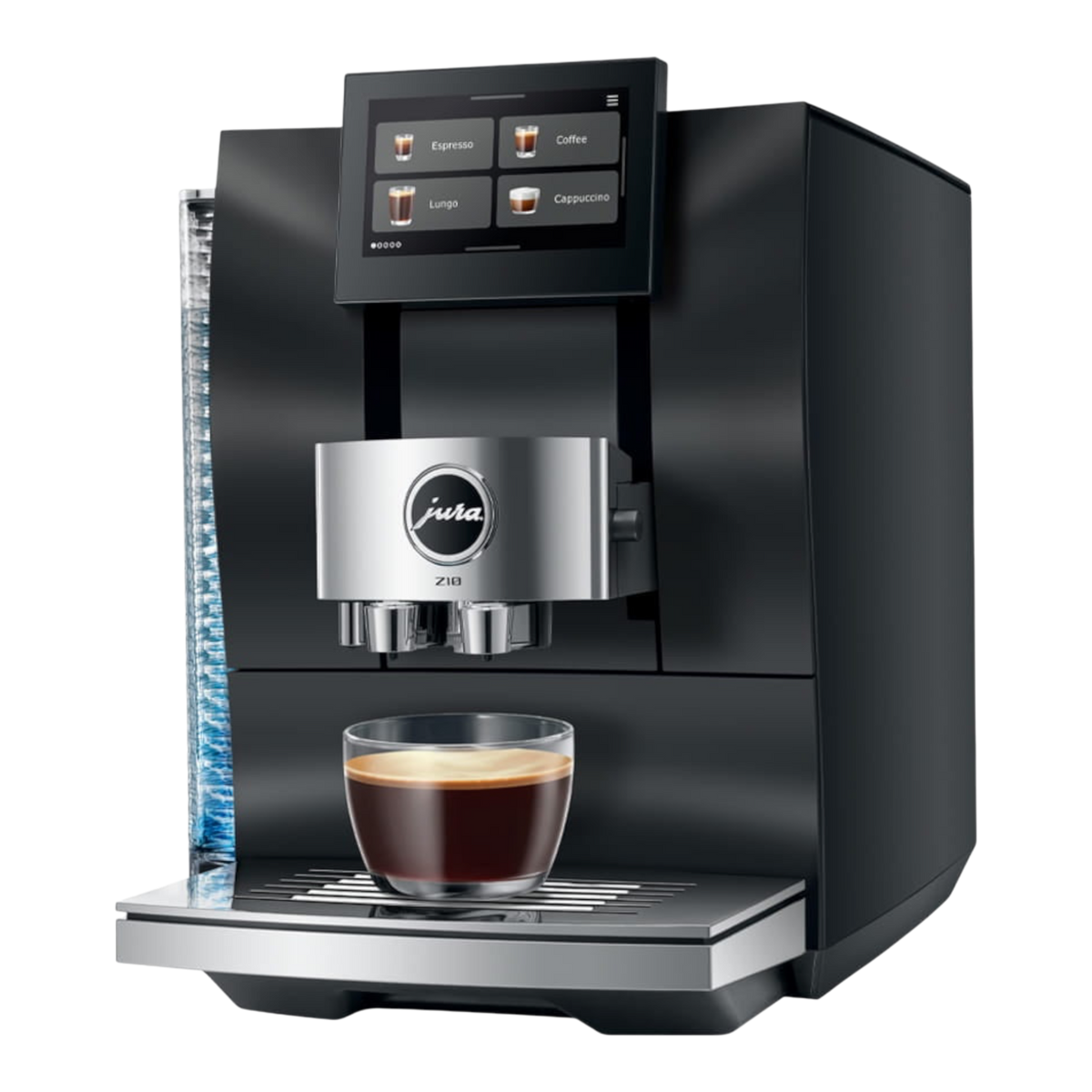 Kaffeekontor Bayern Z10 EC automatic coffee machine in black with a 5-inch touchscreen and chrome cup platform
